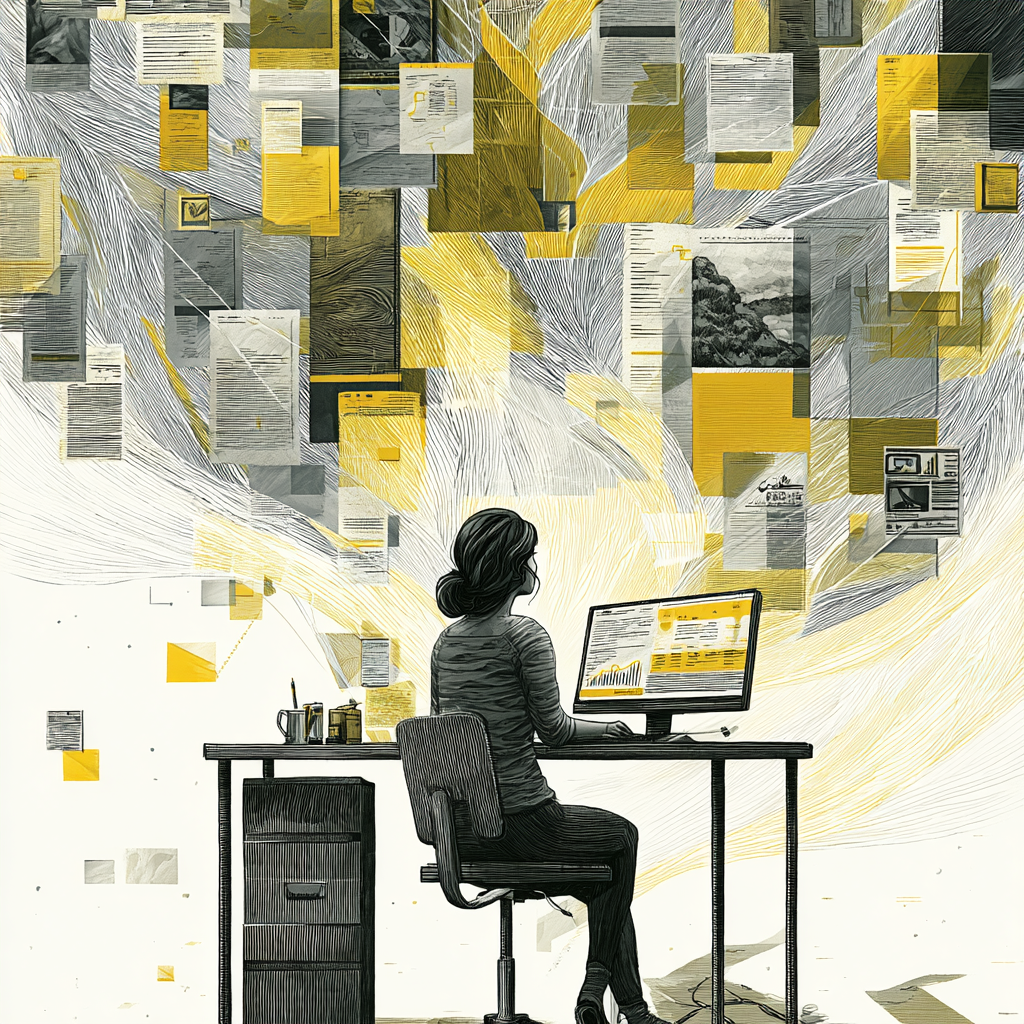 Illustration of a woman working at a computer beneath a field of documents and yellow data panels.