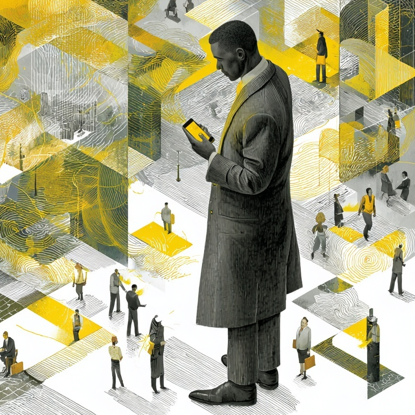 Illustration of a business owner standing among an abstract grid of people and golden geometric shapes, looking at a phone.